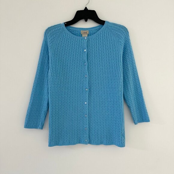 LL Bean Women Blue Cable Knit Cardigan Sweater Size Medium Preppy y2k 3/4 Sleeve - Picture 1 of 8